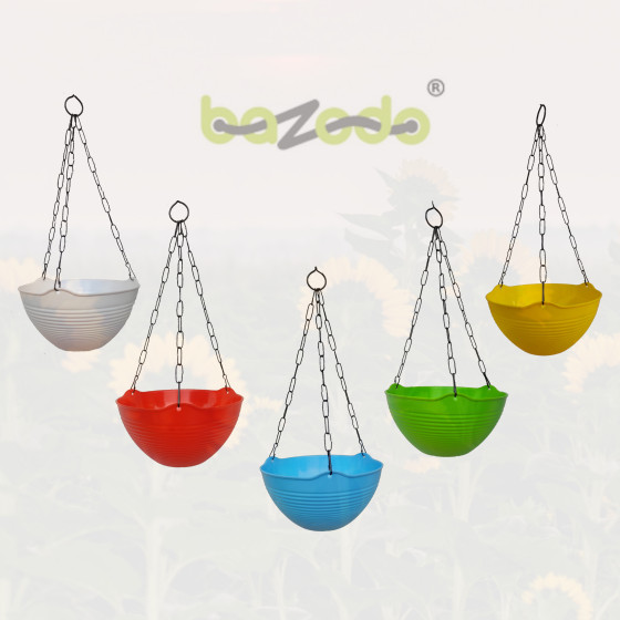 Fancy Hanging Pots Combo with Metal Chain (5 Pieces - Green, Yellow, Red, Sky blue, White) - Bazodo