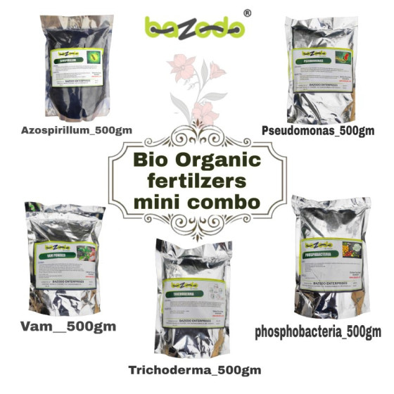 Bio Organic Fertilizers Combo (Mini Pack) - (Azospirillum, Pseudomonas, Phosphobacteria, Trichoderma Viride, VAM) - 500grams Eac