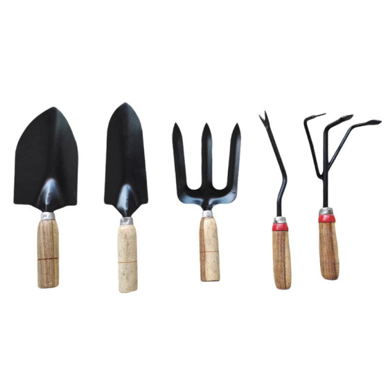 Wooden Handle Garden Tools Kit - All in One Combo Pack - Big Trowel , Cultivator, Fork, Weeder, Transplanter