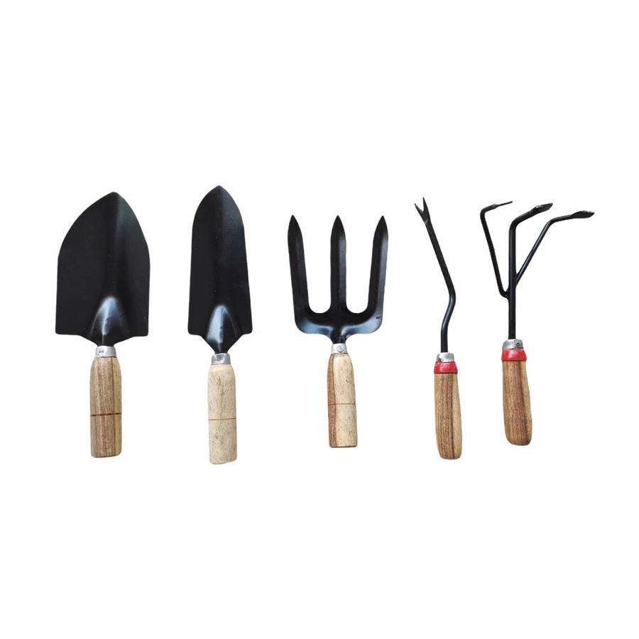 Wooden Handle Garden Tools Kit - All in One Combo Pack - Big Trowel , Cultivator, Fork, Weeder, Transplanter