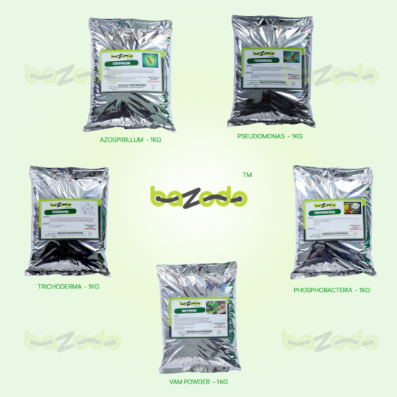 Bio Organic Fertlizers Combo Pack - (Azospirillum, Pseudomonas, Phosphobacteria, Trichoderma Viride, VAM) - 1Kg Each - Bazodo