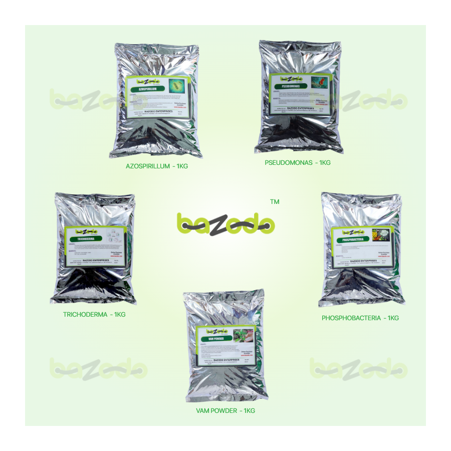 Bazodo Bio Organic Fertlizers Combo Pack - (Azospirillum, Pseudomonas, Phosphobacteria, Trichoderma Viride, VAM) - 1Kg Each